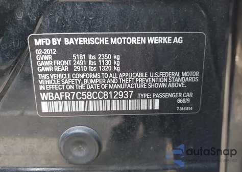 2012 BMW 535I z USA, uszkodzony, nr VIN WBAFR7C58CC812937